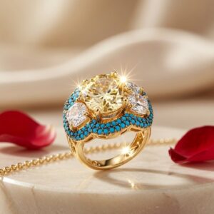 The Persian Sun Champagne Crystal And Turquoise Adjustable Ring-Gold Finish