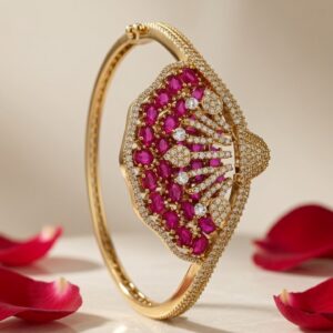 Crimson Opulence Luxury Royal Ruby Majestic Fan Kada Bracelet-Antique Finish