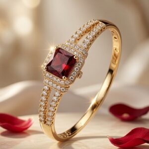 The Scarlet Princess-Cut Ruby Halo Kada Bracelet-Gold Finish