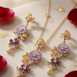 Enchanted Garden Tiered Floral Lavender And Amethyst Pendant Set-Gold Finish