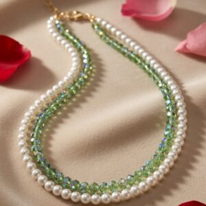 The Evanthe Layered Peridot Crystal And Pearl Dual Strand Necklace-Gold Finish