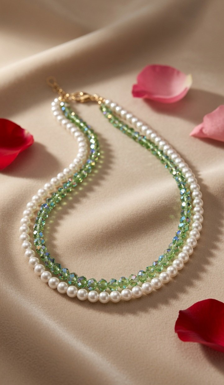 The Evanthe Layered Peridot Crystal And Pearl Dual Strand Necklace-Gold Finish