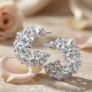 Alexandria Mosaic Grid Princess-Cut Diamond-Style Crescent Earrings-Platinum Finish