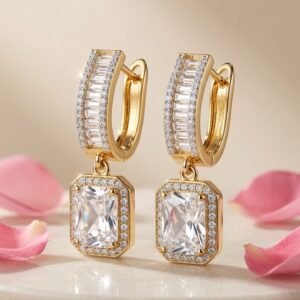 Celine Radiant Emerald-Cut Art Deco Baguette Hoops-Gold Finish