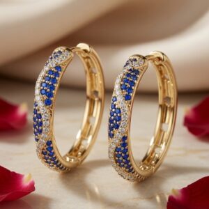Marina Blue Crystal Wave Crossover Hoops-Gold Finish