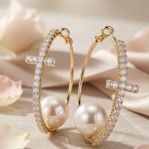 Evadne Crystal Cross Pearl Hoops-Gold Finish