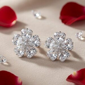 Fluer-De-Coeur Diamond-Style Cluster Studs-Platinum Finish
