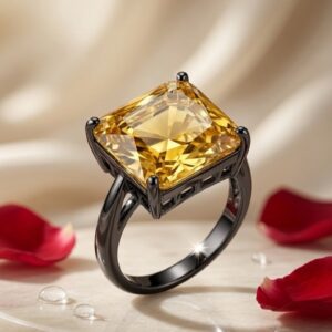 The Hestia Emerald Cut Yellow Citrine Cocktail Adjustable Ring-Black Rhodium Finish