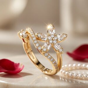 Flueris Evangeline Floral Bypass Adjustable Ring-Gold Finish