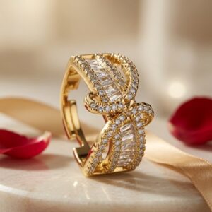 Isabella Crossover Baguette And Pave Bow Adjustable Ring-Gold Finish