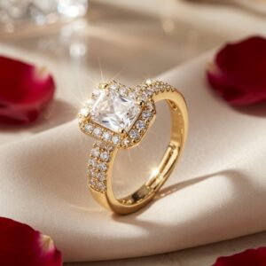 Sienna Emerald-Cut Halo Cushion Encrusted Adjustable Ring-Gold Finish