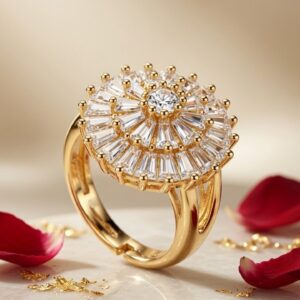 Solis Baguette Crystal Sunburst Cocktail Adjustable Ring-Gold Finish