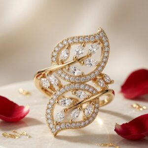 Modern Editorial Shimmer Botanical Double Leaf Adjustable Ring-Gold Finish