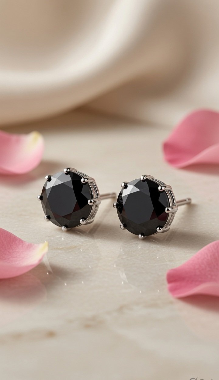 The Noir Eclipse Round Cut Black Spinel Studs-Platinum Finish