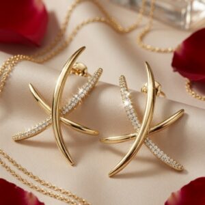 Celestial X-Shape Abstract Crossover Pave Studs-Gold Finish