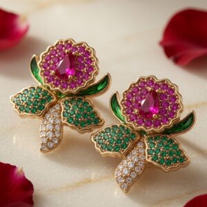 Jardin Emerald Green And Ruby Pink Flower Earrings-Gold Finish