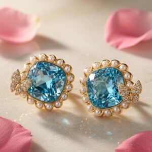 The Monarch's Reverie Blue Topaz And Pearl Butterfly Miniature Studs-Gold Finish