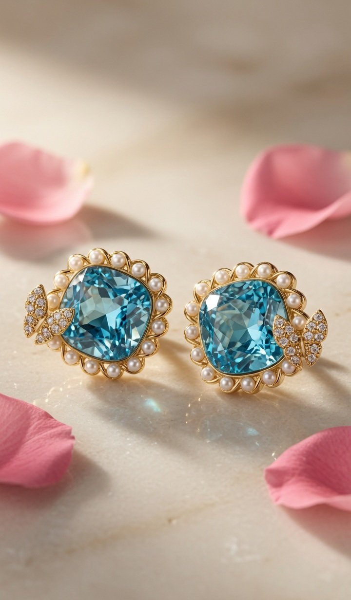 The Monarch's Reverie Blue Topaz And Pearl Butterfly Miniature Studs-Gold Finish