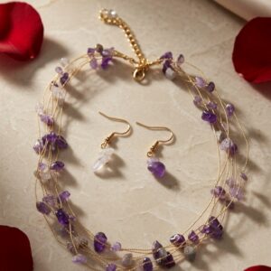 Aetheria Raw Purple Raw Garnet Triple-Row Necklace Set-Gold Finish