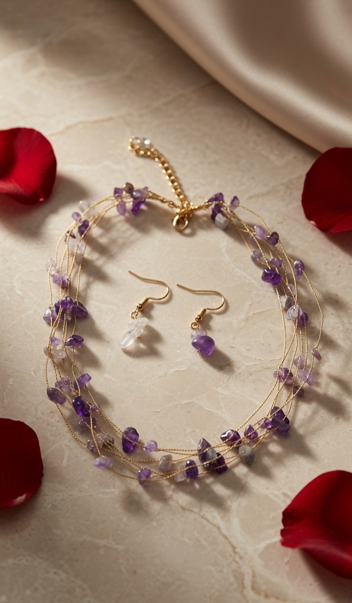Aetheria Raw Purple Raw Garnet Triple-Row Necklace Set-Gold Finish