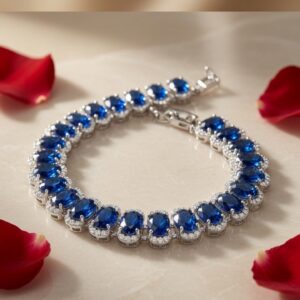 Cobalt Royalty Oval Gemstone Sapphire And Diamond Line Tennis Bracelet-Platinum Finish