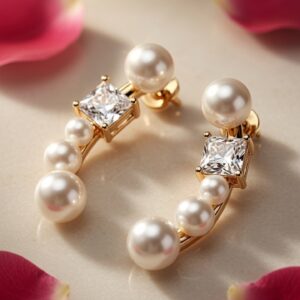 Aura Princess-Cut And Freshwater Pearl Miniature Earrings-Gold Finish