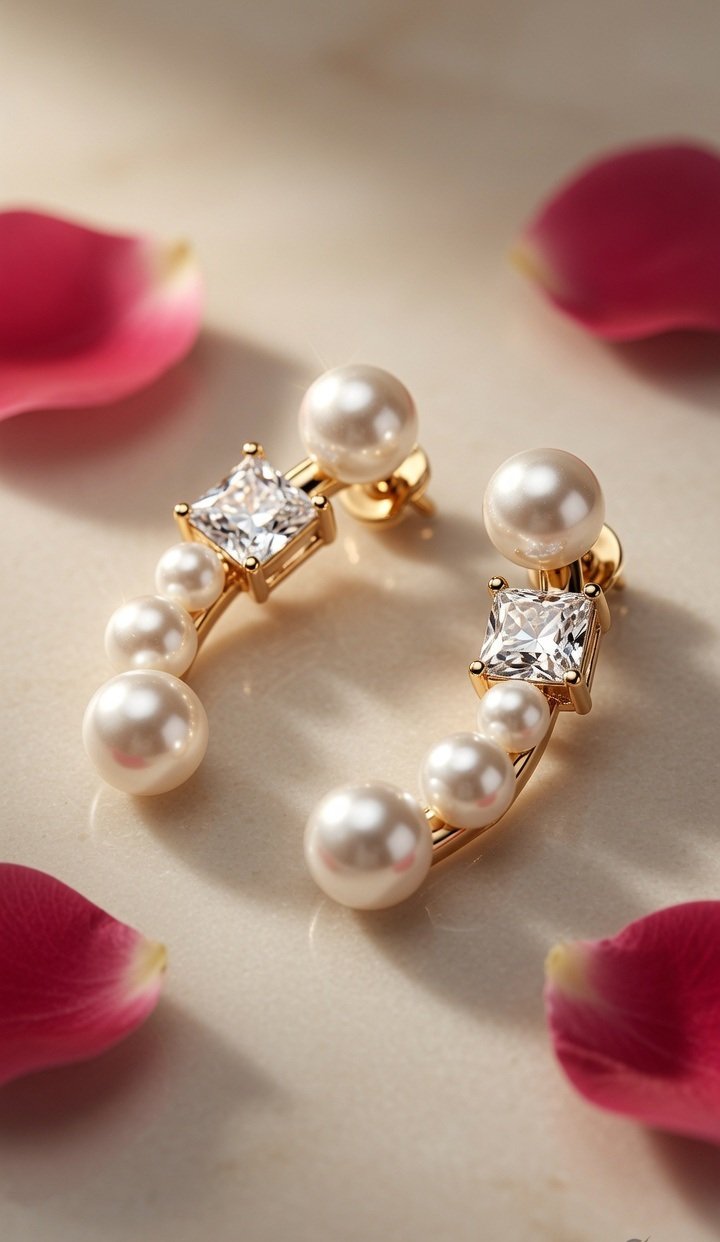 Aura Princess-Cut And Freshwater Pearl Miniature Earrings-Gold Finish