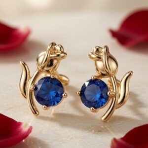 The Royal Sapphire Tulip Miniature Studs-Gold Finish