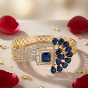 The Royal Azure Asymmetric Peacock Fan Kada Bracelet-Gold Finish