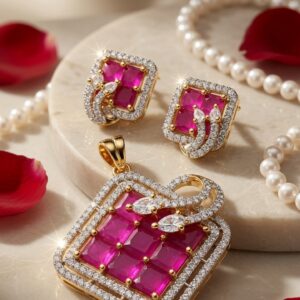 The Royal Crimson Cushion-Cut Ruby Geometric Square Pendant Set-Gold Finish