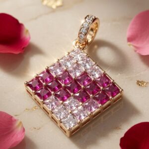 The Renaissance Checkerboard Ruby And White Geometric Pendant-Gold Finish