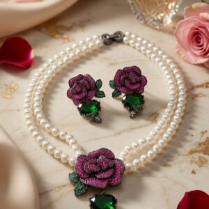 Royal Tudor Rose Peral Strand With Emerald Heart Drop Necklace Set-Black Rhodium Finish