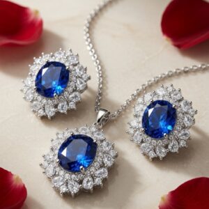 Serenade Azure Oval Sapphire Cluster Pendant Set-Platinum Finish
