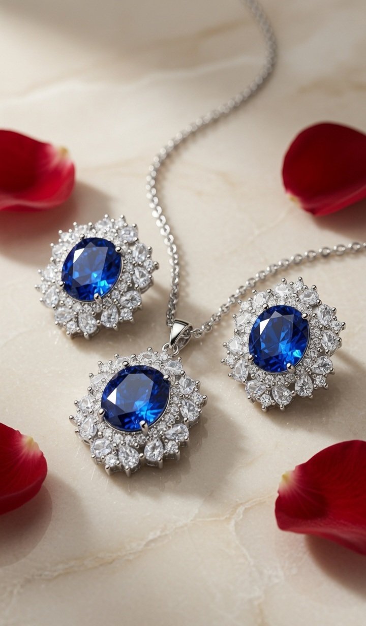 Serenade Azure Oval Sapphire Cluster Pendant Set-Platinum Finish