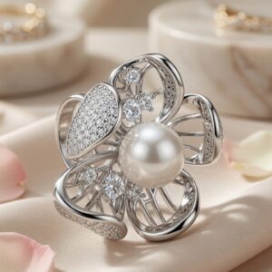 The Lumiere Floral Sculpted Pearl Cocktail Adjustable Ring-Platinum Finish
