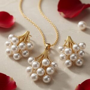 Luminous Fluer Pearl Cluster Pendant Set-Gold Finish