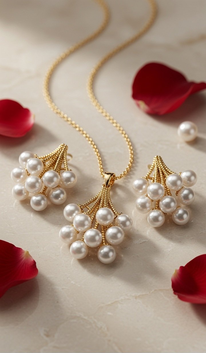 Luminous Fluer Pearl Cluster Pendant Set-Gold Finish