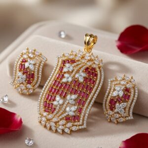 Regal Crimson Baguette And Floral Pendant Set-Gold Finish