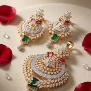 The Majestic Emerald Cz And Ruby Accent Pendant Set-Gold Finish