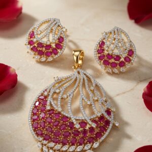 Scarlet Regency Oval Ruby And Marquise Pendant Set-Gold Finish