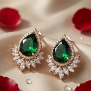 The Royal Emerald Pear Halo Studs-Gold Finish