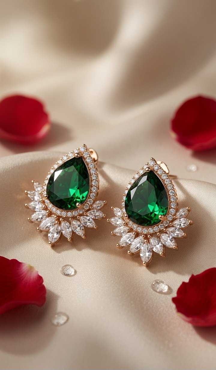 The Royal Emerald Pear Halo Studs-Gold Finish