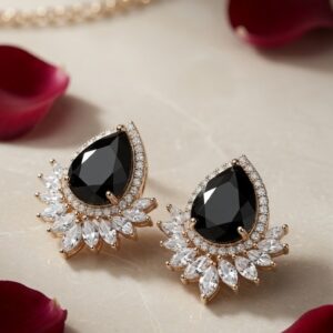 The Midnight Onyx Pear Spinel Sunburst Studs-Gold Finish