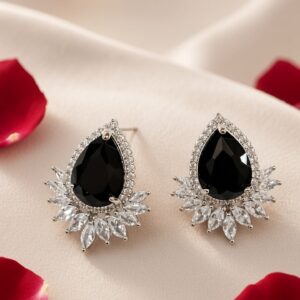 The Midnight Onyx Pear Halo Sunburst Studs-Platinum Finish