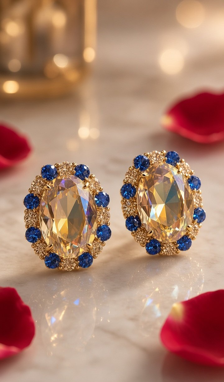 The Royal Champagne Oval Sapphire Studs-Gold Finish