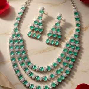 Imperial Three-Layer Mint Green Cascading Drop Necklace Set-Platinum Finish