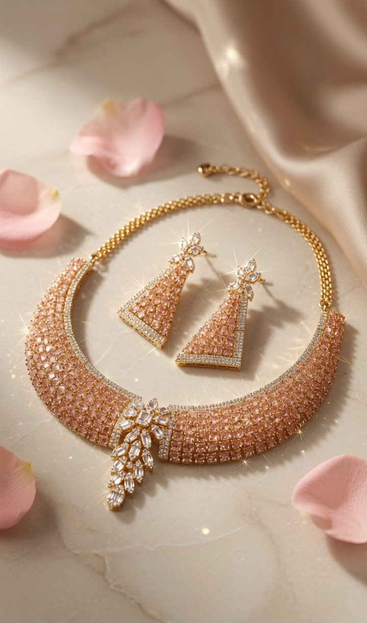 Imperial Peach Blush Pink Morganite Geometric Choker Set-Gold Finish