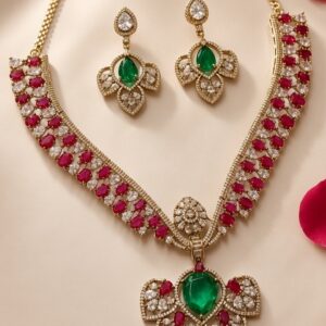 The Royal Emerald And Ruby Lotus Heritage Pendant Set-Platinum And Gold Finish