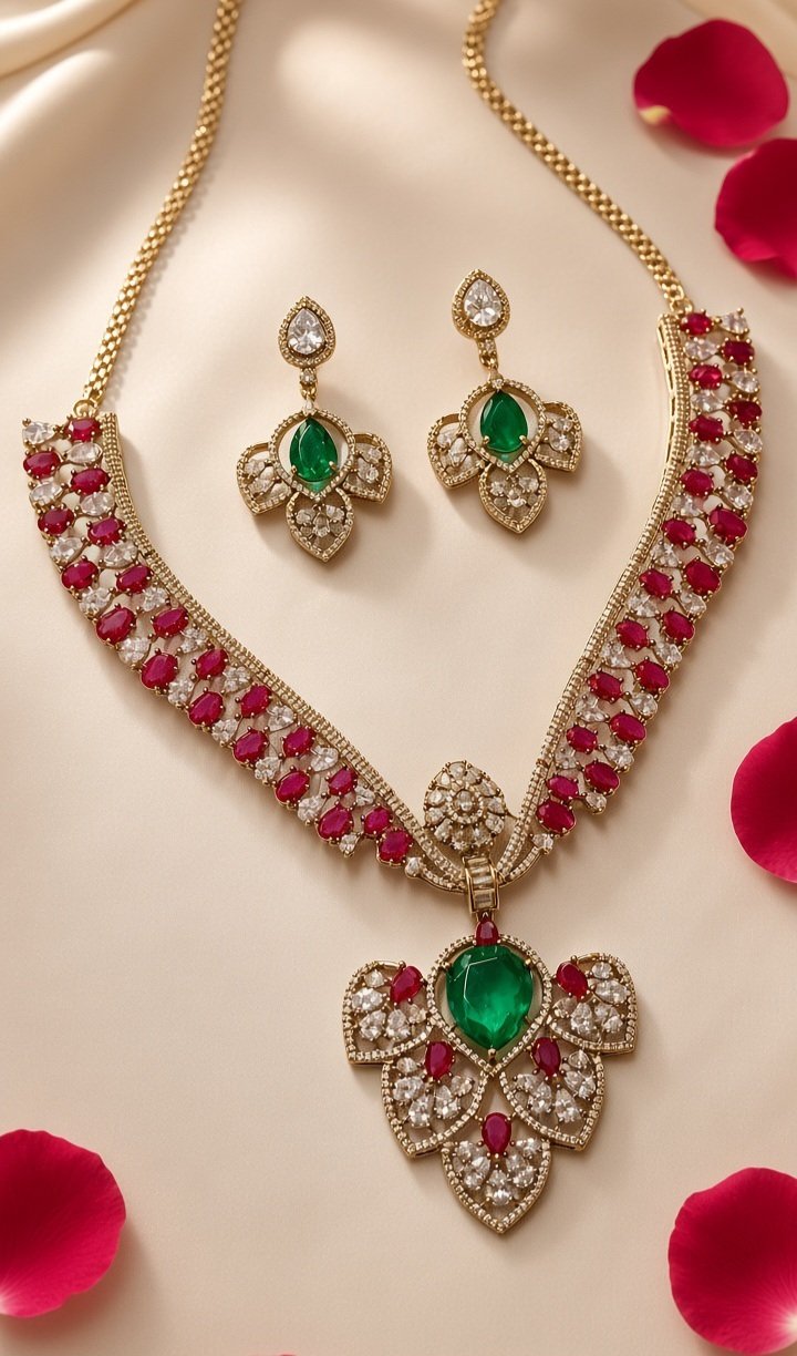 The Royal Emerald And Ruby Lotus Heritage Pendant Set-Platinum And Gold Finish