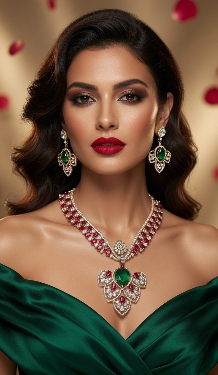 The Royal Emerald And Ruby Lotus Heritage Pendant Set-Platinum And Gold Finish - Image 2
